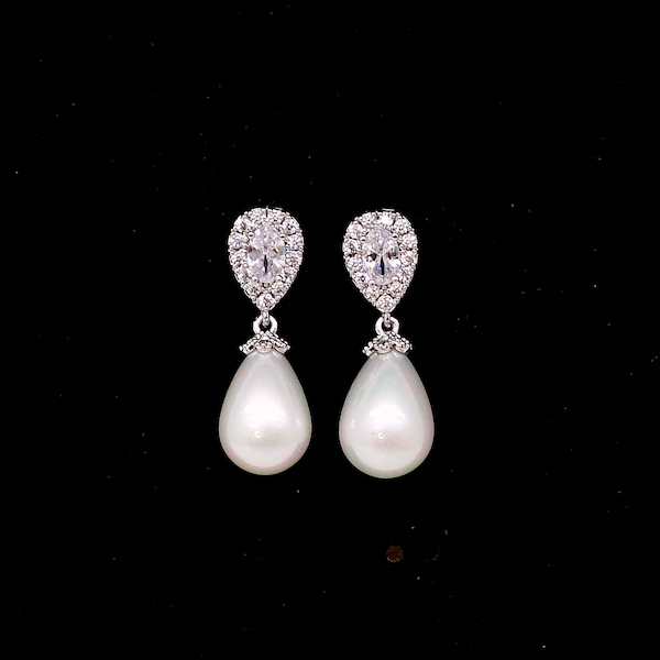 wedding bridal jewelry bridesmaid gift prom pear teardrop soft white shell pearl cubic zirconia deco teardrop post or clip on earrings