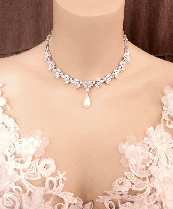 Buy Bridal Jewelry Wedding Pearl Necklace White or Cream Pear Crystal Pearl  Necklace With Silver Chain Cubic Zirconia Multishape Cluster Deco Online in  India - Etsy