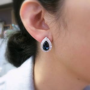 bridal wedding christmas prom jewelry fancy montana blue teardrop crystal rhinestone rhodium silver stud earrings clear cubic setting