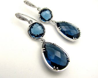 Sapphire blue crystal quartz pendant drop and connectors with white gold cz hook earrings  - Free US shipping