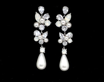bridal earrings wedding jewelry platinum shell pearl earrings Clear white teardrop cubic zirconia cz post white cream pearl crystal cluster