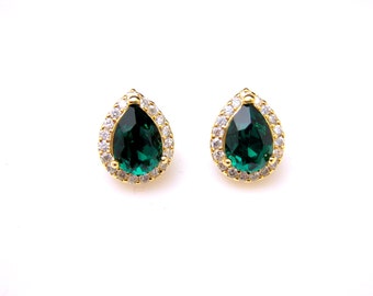 bridal wedding earrings bridesmaid  teardrop shape cubic zirconia luxury post gold earrings with fancy emerald green rhinestone crystal