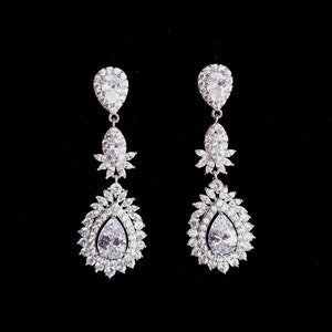 bridal jewelry wedding christmas Bridesmaid jewelry prom party gift Clear white teardrop AAA cubic zirconia post halo rhodium earrings
