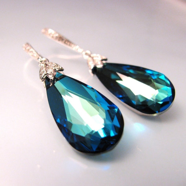 free US shipping - swarovski bermuda blue faceted teardrop earrings on white gold sterling silver hook