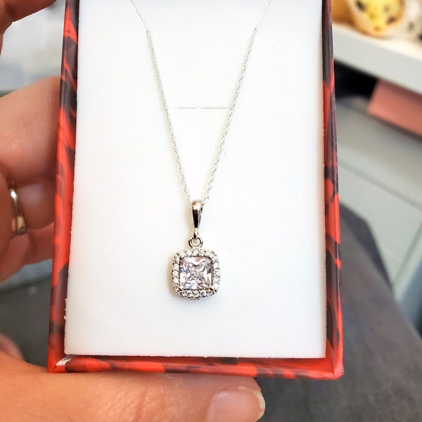 wedding necklace bridal necklace bridesmaid gift prom square princess cushion cut clear white AAA cubic zirconia rose gold pendant necklace