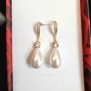 STERLING SILVER hook Bridal jewelry wedding jewelry bridal earrings cubic zirconia hook white cream teardrop shell pearl earrings bridesmaid Gold earrings