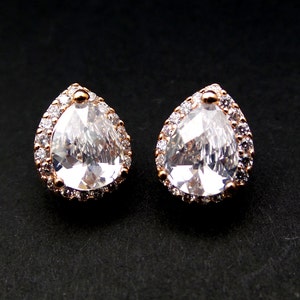 bridal wedding jewelry bridesmaid gift christmas party prom pageant earrings cubic zirconia teardrop halo rose gold stud post or clip on