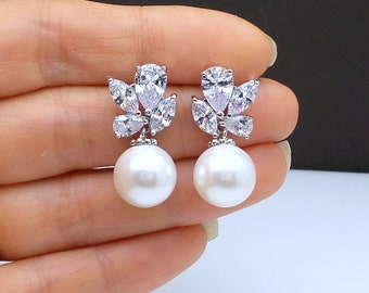 wedding jewelry bridal earrings bridesmaid gift prom party cubic zirconia rhodium post earrings multi shape 12mm white cream fancy pearl