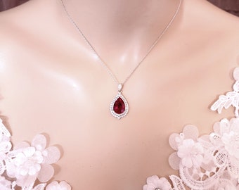 wedding bridal jewelry bridesmaid gift prom party christmas Sterling silver necklace navy ruby siam red teardrop cubic pendant necklace