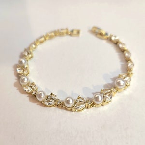 bridal bracelet wedding jewelry bridesmaid white cream round crystal pearl cluster clear white cubic zirconia round bubble tennis image 2