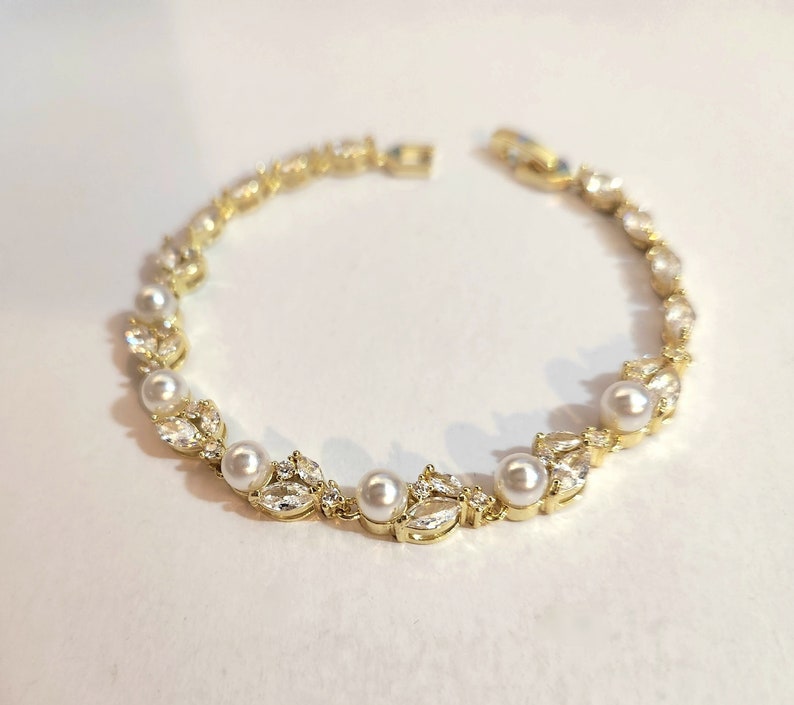 bridal bracelet wedding jewelry bridesmaid white cream round crystal pearl cluster clear white cubic zirconia round bubble tennis image 2