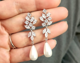 bridal earrings wedding jewelry platinum shell pearl earrings Clear white teardrop cubic zirconia cz post white cream pearl crystal cluster