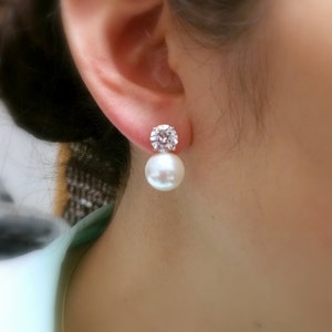 Bridal earrings bridesmaid gift wedding jewelry round 12mm white or cream pearl on cubic zirconia solitaire round post earrings