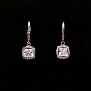 Sterling silver bridal wedding jewelry bridesmaid gift Clear white square princess cut cubic zirconia drop cubic lever back rhodium earrings