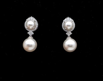 Bridal Jewelry wedding earrings bridesmaid prom party gift christmas 12mm fancy white or cream pearl round cubic zirconia post earrings