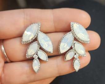 bridal wedding christmas prom jewelry fancy white opal marquise crystal rhinestone rhodium silver stud post earrings cubic setting