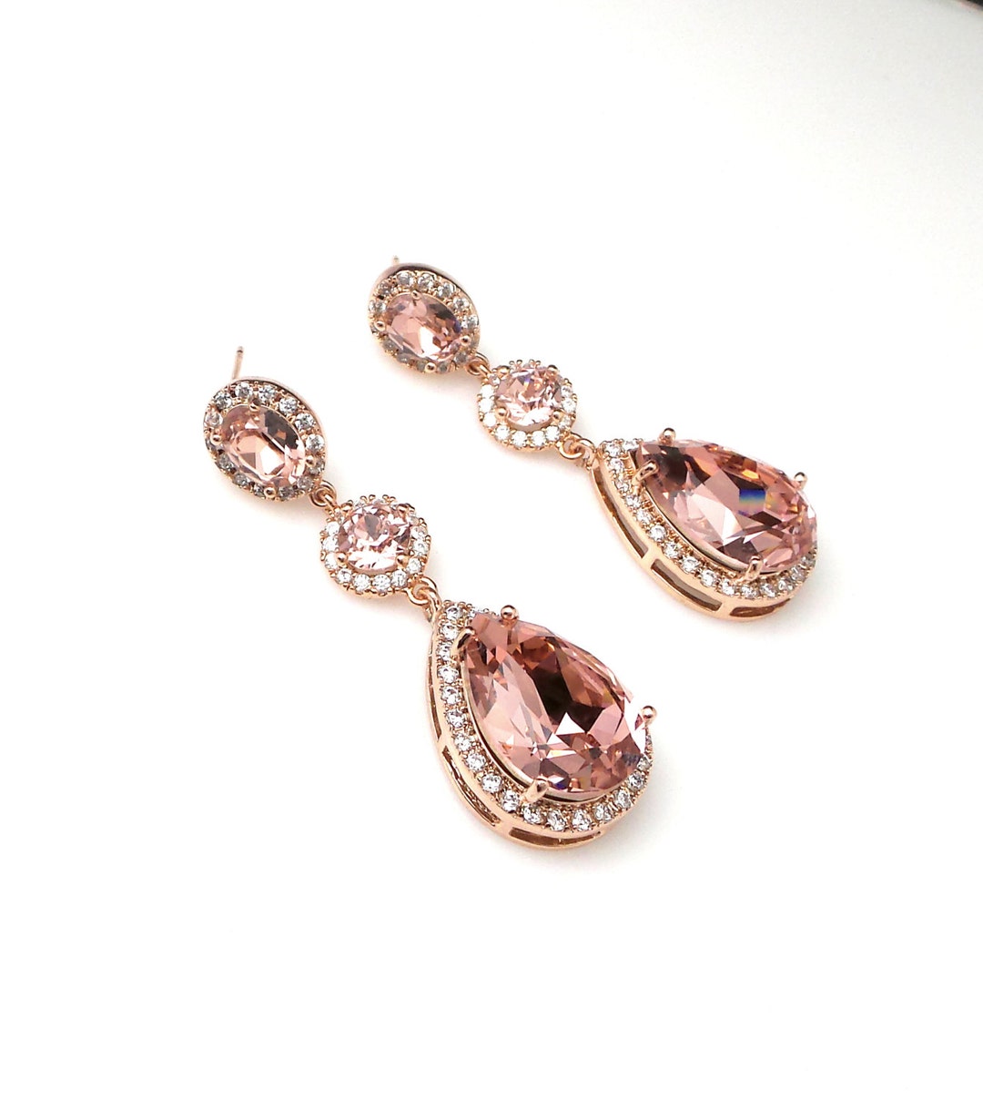 wedding jewelry bridal earrings bridesmaid gift teardrop fancy vintage rose blush pink crystal rhinestone oval cz post rose gold frame