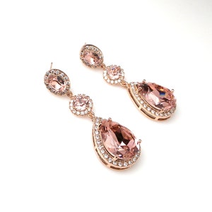 wedding jewelry bridal earrings bridesmaid gift teardrop fancy vintage rose blush pink crystal rhinestone oval cz post rose gold frame image 1