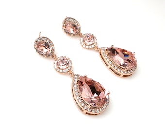 wedding jewelry bridal earrings bridesmaid gift teardrop fancy vintage rose blush pink crystal rhinestone oval cz post rose gold frame