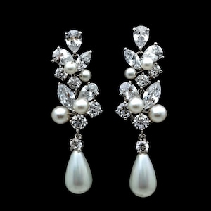 bridal earrings wedding jewelry platinum shell pearl earrings Clear white teardrop cubic zirconia cz post white cream pearl crystal cluster