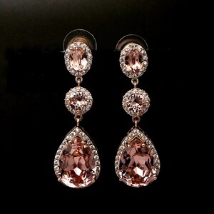 wedding jewelry bridal earrings bridesmaid gift teardrop fancy vintage rose blush pink crystal rhinestone oval cz post rose gold frame image 2