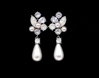 bridal earrings wedding jewelry platinum shell pearl earrings white opal and zirconia cz post white cream pearl crystal cluster