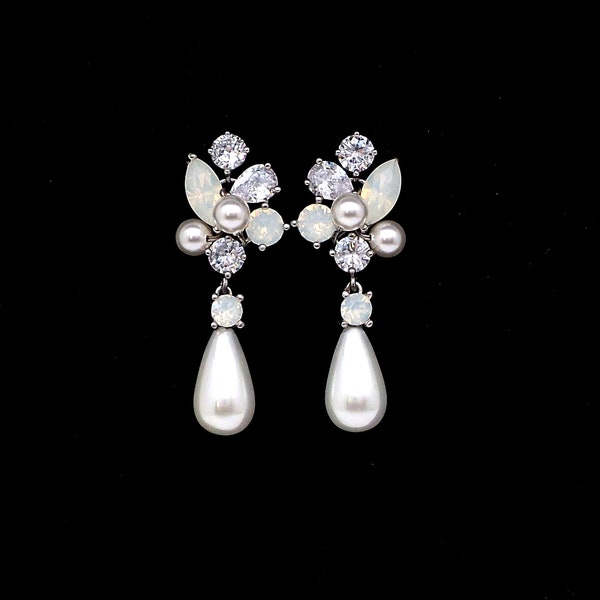 bridal earrings wedding jewelry platinum shell pearl earrings white opal and zirconia cz post white cream pearl crystal cluster
