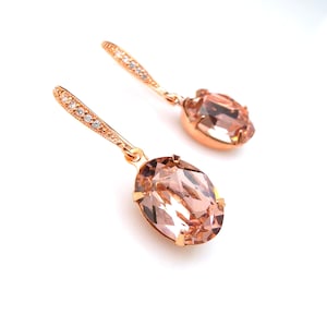 bridesmaid gift prom fancy vintage rose blush pink oval foiled crystal rhinestone drop with cubic zirconia pink rose gold hook earrings