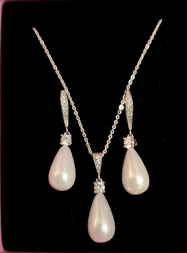 STERLING SILVER hook Bridal jewelry wedding jewelry bridal earrings cubic zirconia hook white cream teardrop shell pearl earrings bridesmaid image 9