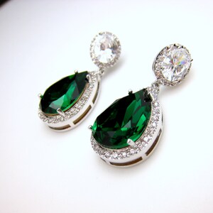 wedding bridal bridesmaid christmas statement earrings Clear teardrop AAA cubic zirconia and fancy emerald green crystal on oval cz post image 2