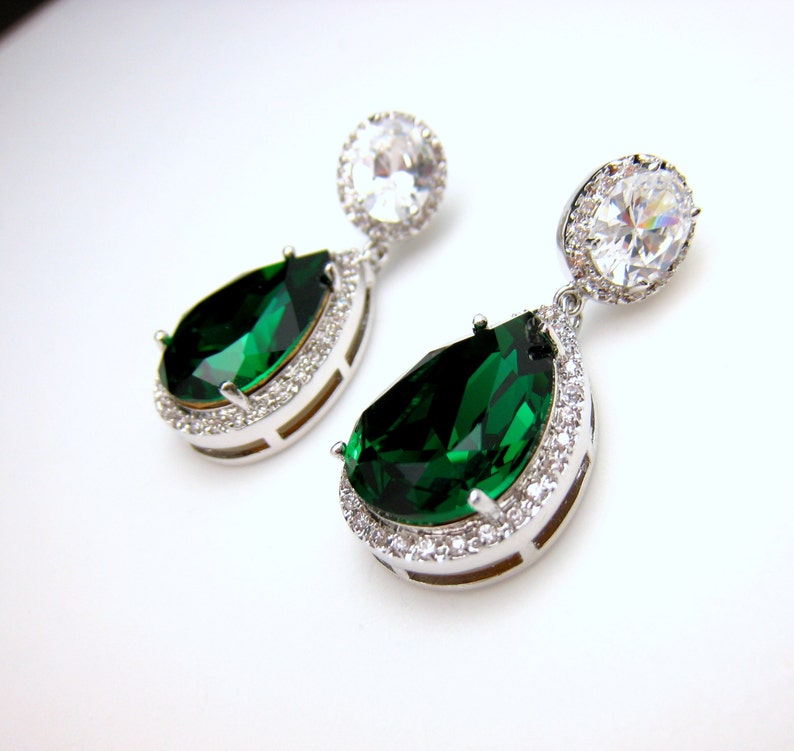 wedding bridal bridesmaid christmas statement earrings Clear teardrop AAA cubic zirconia and fancy emerald green crystal on oval cz post image 2