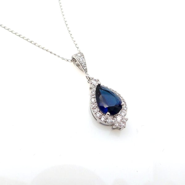wedding bridal jewelry bridesmaid gift prom party christmas Sterling silver necklace navy sapphire blue teardrop cubic pendant necklace