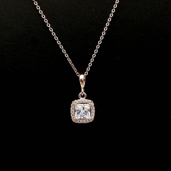 wedding necklace bridal necklace bridesmaid gift prom square princess cushion cut clear white AAA cubic zirconia rose gold pendant necklace