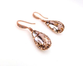 bridesmaid gift prom fancy vintage rose blush pink teardrop foiled crystal rhinestone long drop cubic zirconia rose gold hook earrings