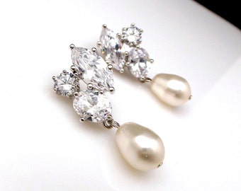 wedding jewelry bridal earrings bridesmaid gift prom party cubic zirconia rhodium post earrings three stone white cream crystal pearl