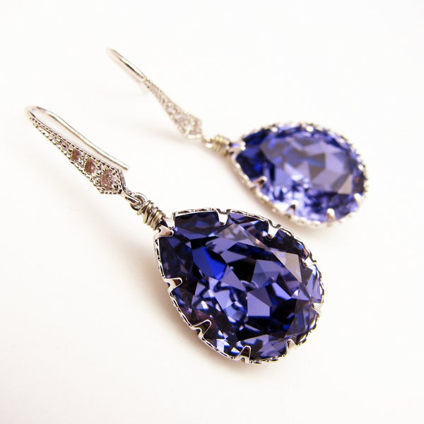 Tanzanite fancy teardrop cyrstal rhinestone with silver white gold cubic zirconia hook earrings - Free US shipping