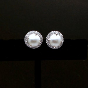 bridesmaid gift bridal earrings wedding jewelry half round pearl stud earrings post white cream pearl halo cubic zirconia rhodium image 2