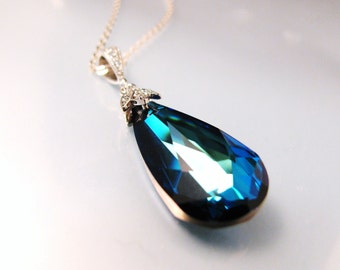Bermuda Blue fancy crystal necklace in silver - Free US shipping