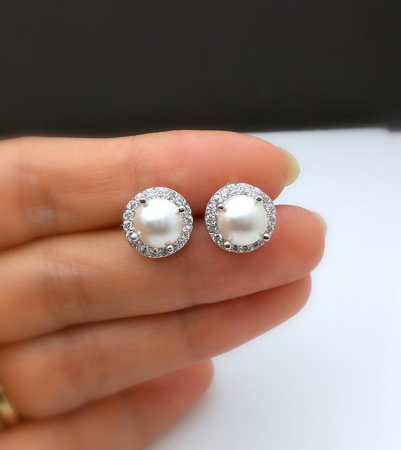 bridesmaid gift bridal earrings wedding jewelry half round pearl stud earrings post white cream pearl halo cubic zirconia rhodium image 1