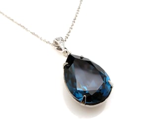 Montana deep navy sapphire blue vintage teardrop fancy rhinestone drop sterling silver chain necklace bridesmaid gift bridal necklace