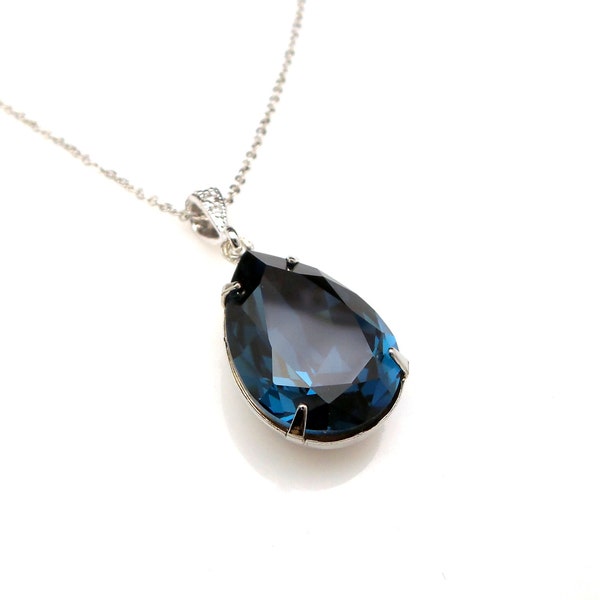 Montana deep navy sapphire blue vintage teardrop fancy rhinestone drop sterling silver chain necklace bridesmaid gift bridal necklace