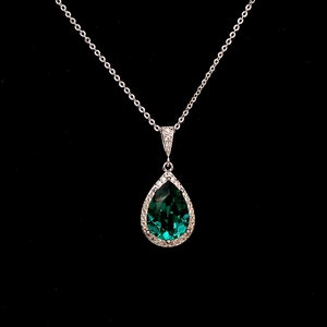 Bijoux de mariage demoiselle d'honneur de mariée collier de noël cadeau de bal de promo reconstitution historique collier en argent sterling vert émeraude pendentif en cristal larme