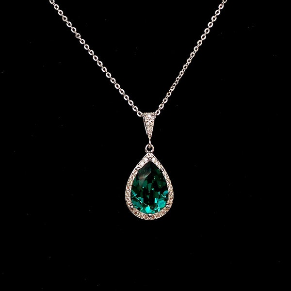 wedding jewelry bridal bridesmaid christmas necklace prom gift pageant sterling silver necklace emerald green teardrop crystal pendant