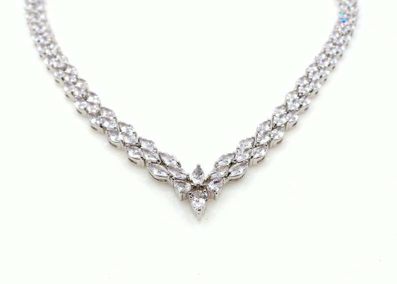 Bridal wedding jewelry necklace prom party AAA clear white cubic zirconia luxury white gold rhodium marquise collar v shape tennis necklace image 2