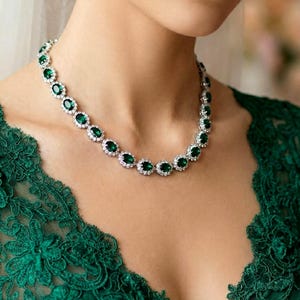 wedding jewelry prom bridal necklace gift pageant clear white cubic zirconia choker collar rhodium silver emerald green fancy crystal