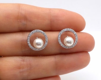 bridesmaid gift bridal earrings wedding jewelry half round pearl stud earrings post fancy white cream pearl halo cubic zirconia rhodium