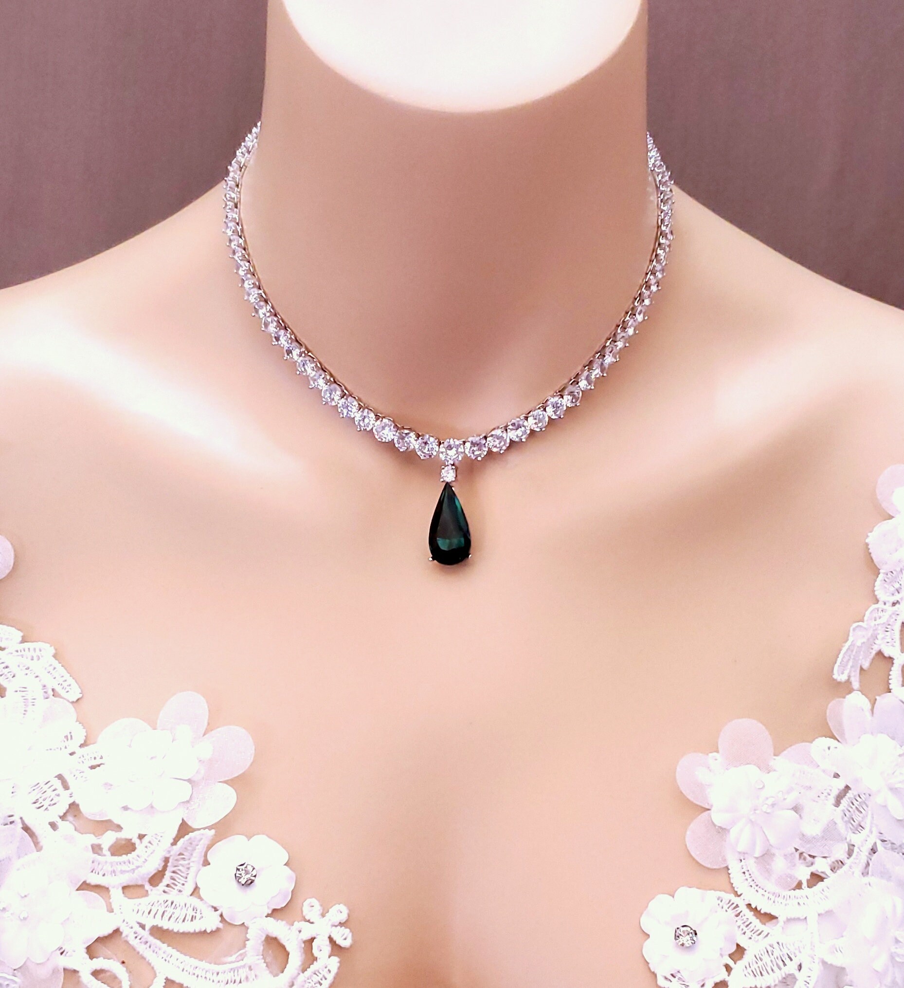 Exclusive Pink Teardrop American Diamond Silver Necklace | Mint Green AD  stone necklace & Earring set | Indian Wedding jewelry |Gift for Her