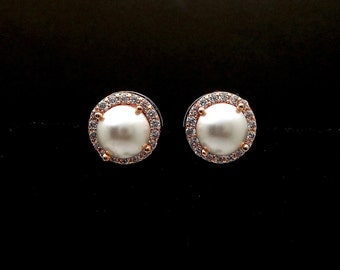 bridesmaid gift bridal earrings wedding jewelry half round pearl stud earrings post fancy white cream halo cubic zirconia pink rose gold