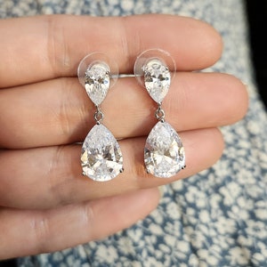 M bridal earrings jewelry bridesmaid gift wedding Clear white teardrop cubic zirconia teardrop cz rhodium post earrings Free US shipping image 5