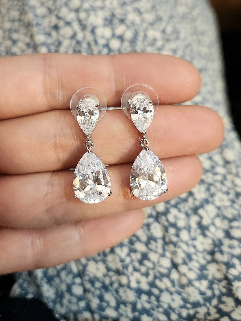 M bridal earrings jewelry bridesmaid gift wedding Clear white teardrop cubic zirconia teardrop cz rhodium post earrings Free US shipping image 5